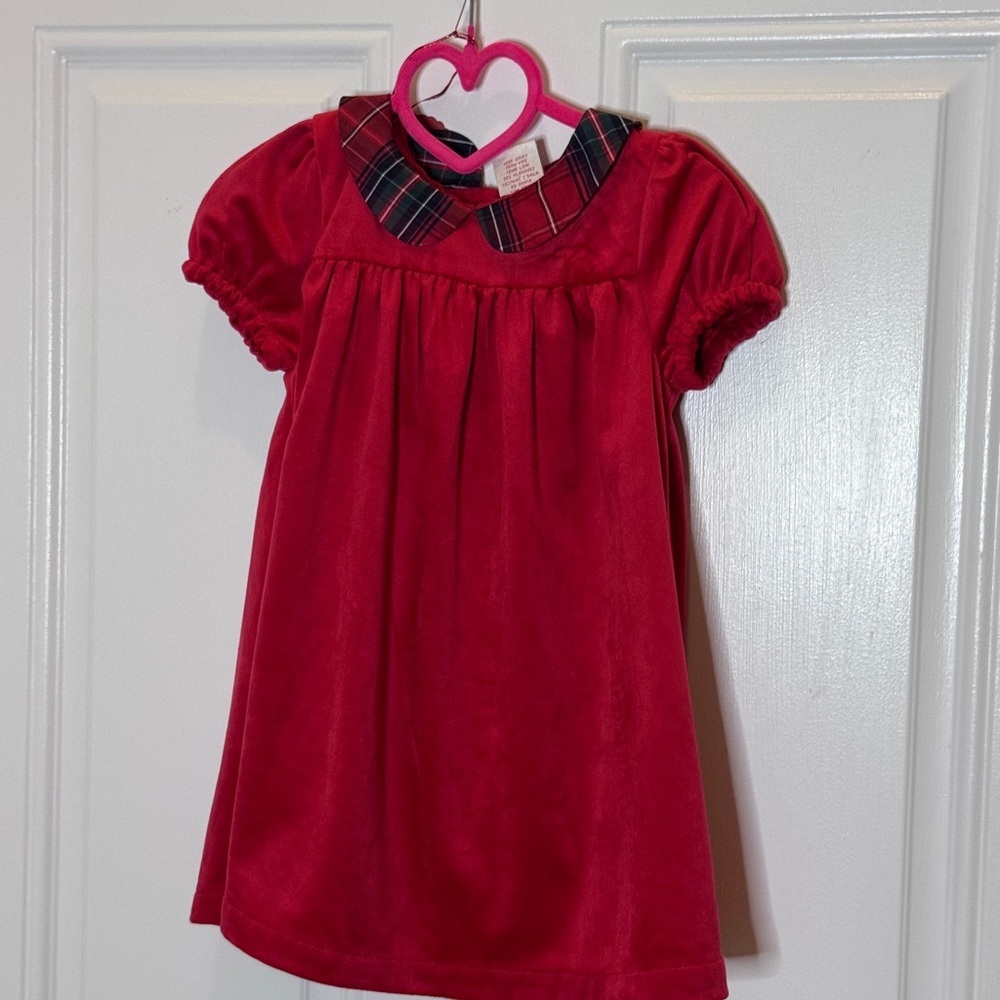 Red Velvet Dress with Plaid Collar